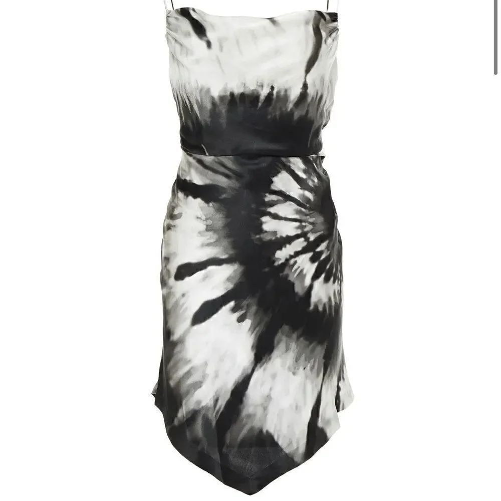 Retrofête Auris Draped Printed Silk Mini Dress Black Tye Die XL